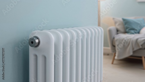 Wallpaper Mural Radiator in a cozy room with couch and pillows, indoor heating system, home comfort, modern interior, warmth and relaxation. Torontodigital.ca