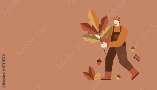 Man in overalls holding colorful autumn leaves Fall season illustration with copy space