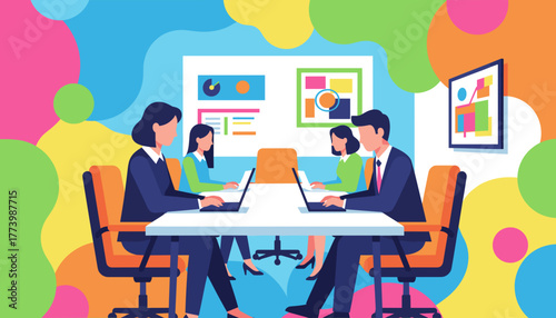 Vibrant office meeting with business team collaborating on laptops and analyzing charts