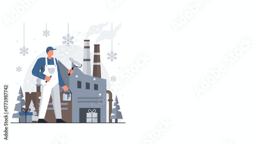 Painter worker near an industrial factory during winter and the holiday season Vector illustration