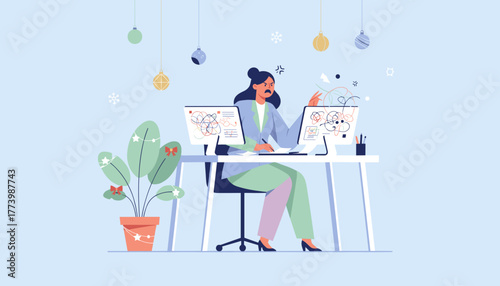 Stressed businesswoman overwhelmed by tangled work tasks and deadlines during the holiday season