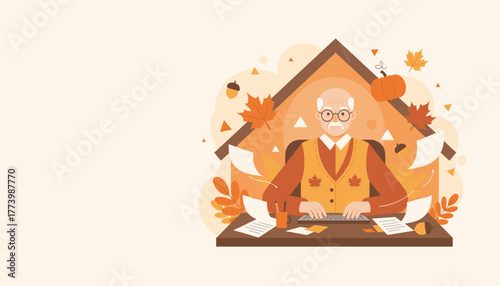 Senior writer working at home desk in cozy autumnal setting Creativity and retirement lifestyle