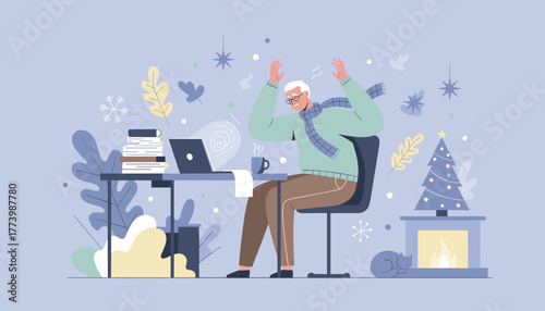 Stressed senior man working on laptop during winter holidays overwhelmed by remote deadlines