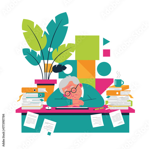 Stressed overworked senior man sleeping on a desk buried in paperwork