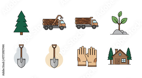 Forestry and logging icons: trees, tools, and equipment for sustainable practices