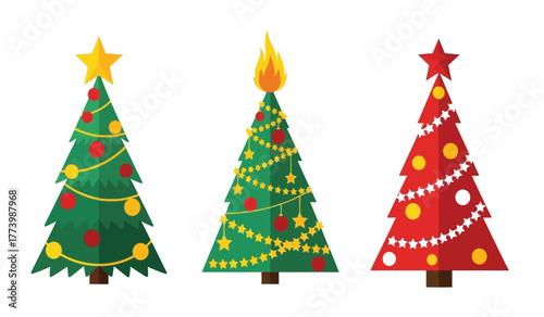Set of three festive flat design christmas trees with stars and ornaments for holiday decoration and celebration