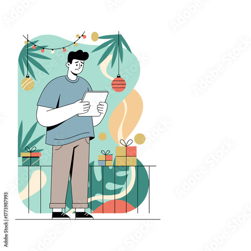 Stressed man uses a tablet on a festive tropical balcony with holiday gifts Online anxiety concept