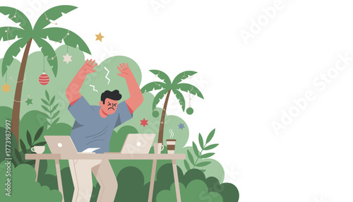 Stressed man working remotely on two laptops in a tropical setting during the holidays