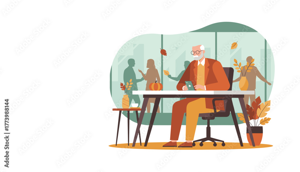 Fototapeta premium Senior businessman checks smartphone at his office desk during the autumn season