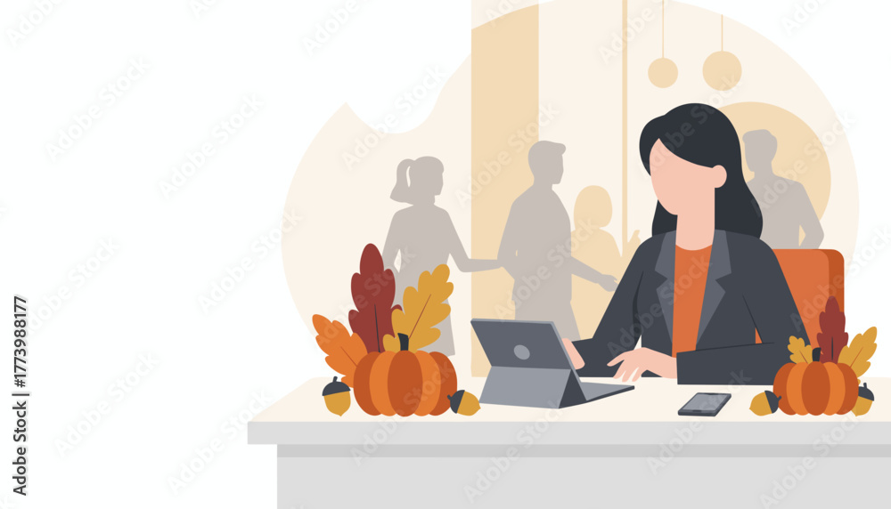Fototapeta premium Businesswoman works on a tablet in an autumn office setting with fall decorations Seasonal productivity