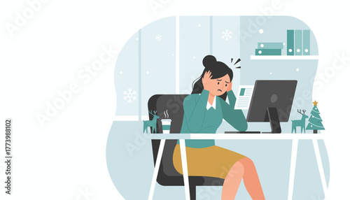 Stressed worker overwhelmed by holiday workload in an office decorated for winter