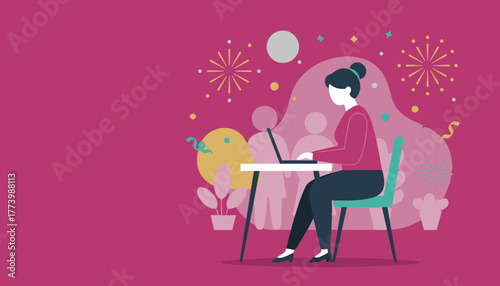 Woman works on a laptop amidst party elements Remote work success and celebration illustration