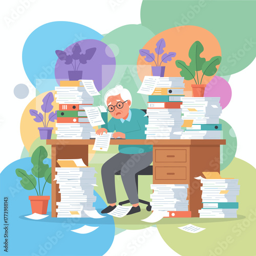 Overwhelmed senior man drowning in towering paperwork piles tax season bureaucracy high workload stress