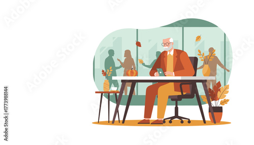 Senior businessman checks smartphone at his office desk during the autumn season