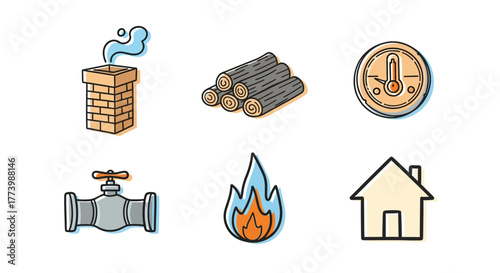 Home heating elements: chimney, firewood, thermostat, valve, flame, house icons