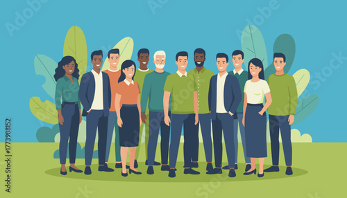 Diverse group of professionals smiling outdoors Teamwork community and corporate inclusion concept