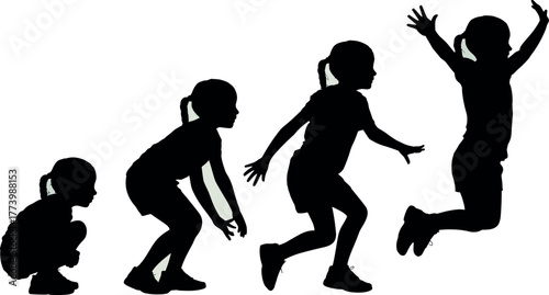 Four silhouette girls in sequence jumping and squatting