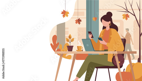 Woman working remotely on laptop and phones in a cozy autumn setting with seasonal decor