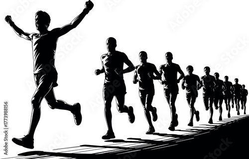 Silhouette runners celebrating victory and competing in a race