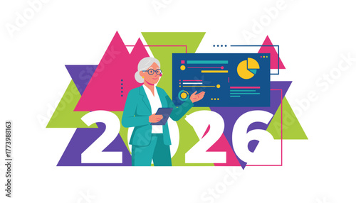 Experienced executive presenting 2026 business plan with data visualization