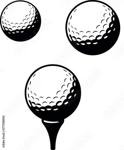 Three black and white golf balls one on a tee sport