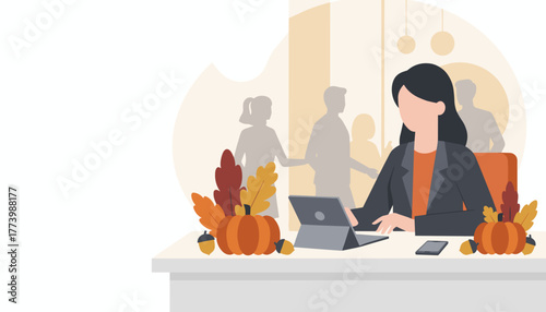 Businesswoman works on a tablet in an autumn office setting with fall decorations Seasonal productivity