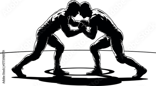 Two male wrestlers grappling on a mat wrestling sport