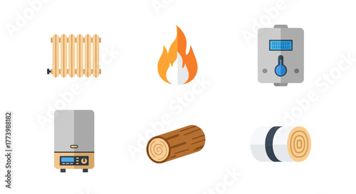 Heating elements and tools in flat design: radiator, fire, thermostat, boiler, log, insulation