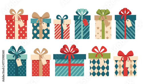 Diverse collection of festive gift boxes with various patterns and ribbon bows, perfect for celebrations and holidays.