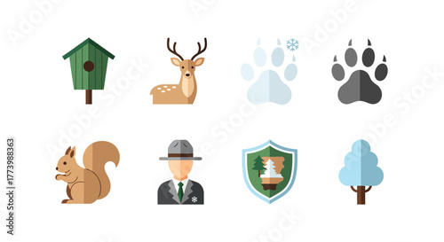 Nature and wildlife icons set featuring woodland animals and forest elements