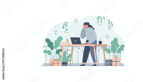 Stressed woman working remotely on holiday decorated balcony WFH burnout illustration