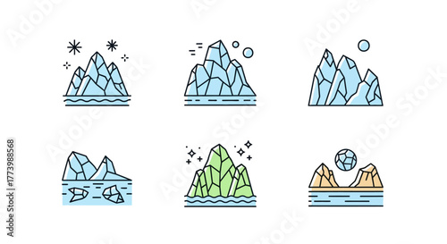 Minimalist iceberg icons set in flat style with geometric shapes and nature elements
