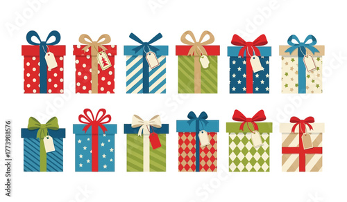 Collection of ten diverse patterned gift boxes with ribbons and tags, celebrating holidays and special occasions