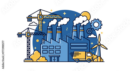Blue industrial factory illustration featuring construction cranes logistics truck and clean energy turbine