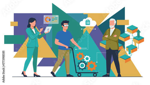 Digital transformation teamwork integrating AR data analytics and cloud technology process management