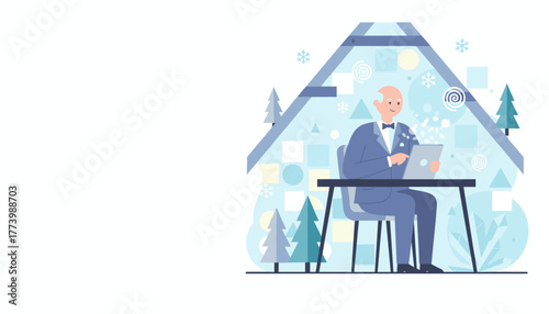 Elderly man in a suit using a tablet indoors digital winter background
