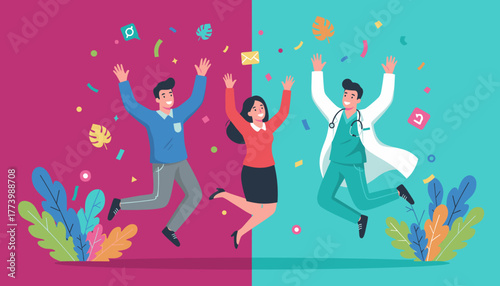 Professionals and doctor jump happily celebrating team success and achievement with bright confetti