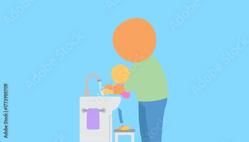 Parent teaching child proper hand washing technique at sink Hygiene family and health care concept