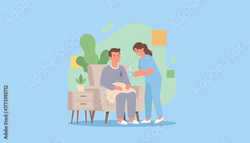 Nurse gives cup to patient wearing a purple awareness ribbon home care support