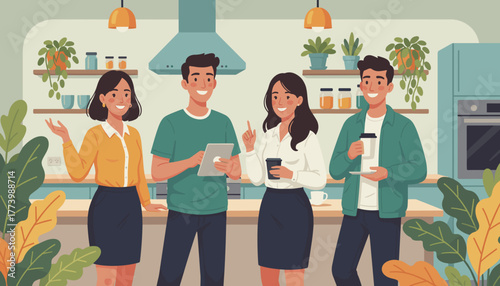 Four colleagues collaborating in a modern kitchenbreakroom during a coffee break