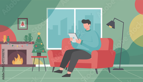 Relaxed man reading tablet by the fireplace in a cozy Christmas home interior