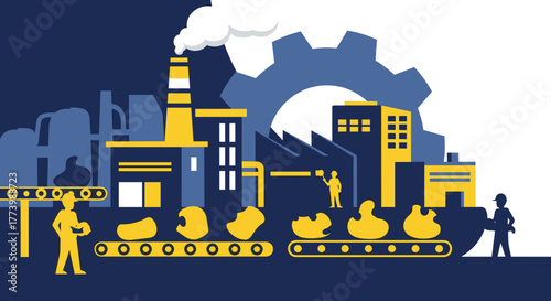 Manufacturing facility with workers conveyor belt and large industrial gear