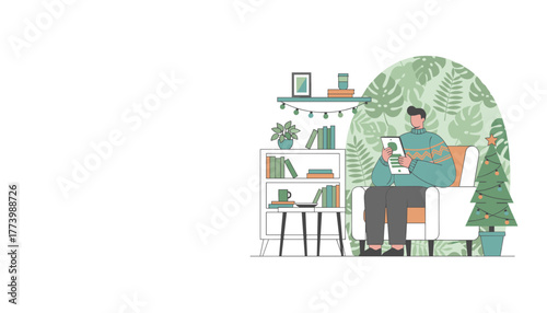 Cozy winter relaxation Man uses a tablet near a Christmas tree in a modern leafy interior