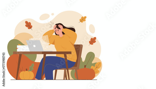 Stressed woman clutching head while working on laptop in autumn Burnout and overwhelming work concept
