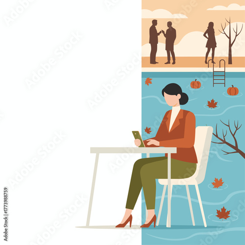 Businesswoman texting by an autumn pool with pumpkins distant social interaction seasonal work concept
