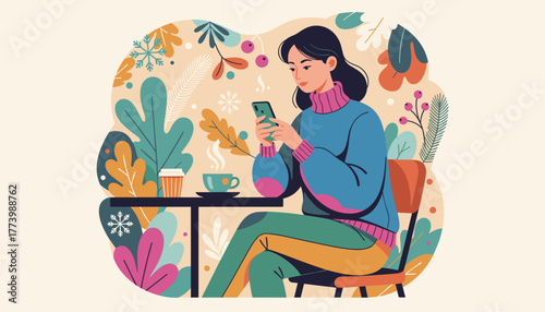 Cozy digital life Woman checks phone at a cafe table surrounded by stylized seasonal plants