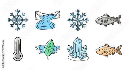 Winter and nature icons: snowflakes, rivers, fish, and crystals in colorful outline style
