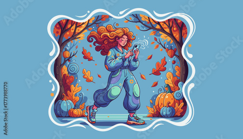 Woman jogging in a vibrant autumn park checking her smartphone Fall lifestyle and digital connectivity