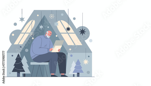 Senior man uses a laptop in a cozy winterdecorated home Retirement holidays and remote communication