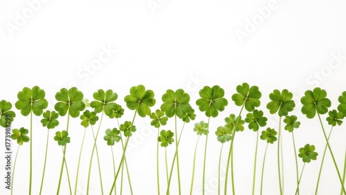 A row of green clover leaves with thin stems on a white background.